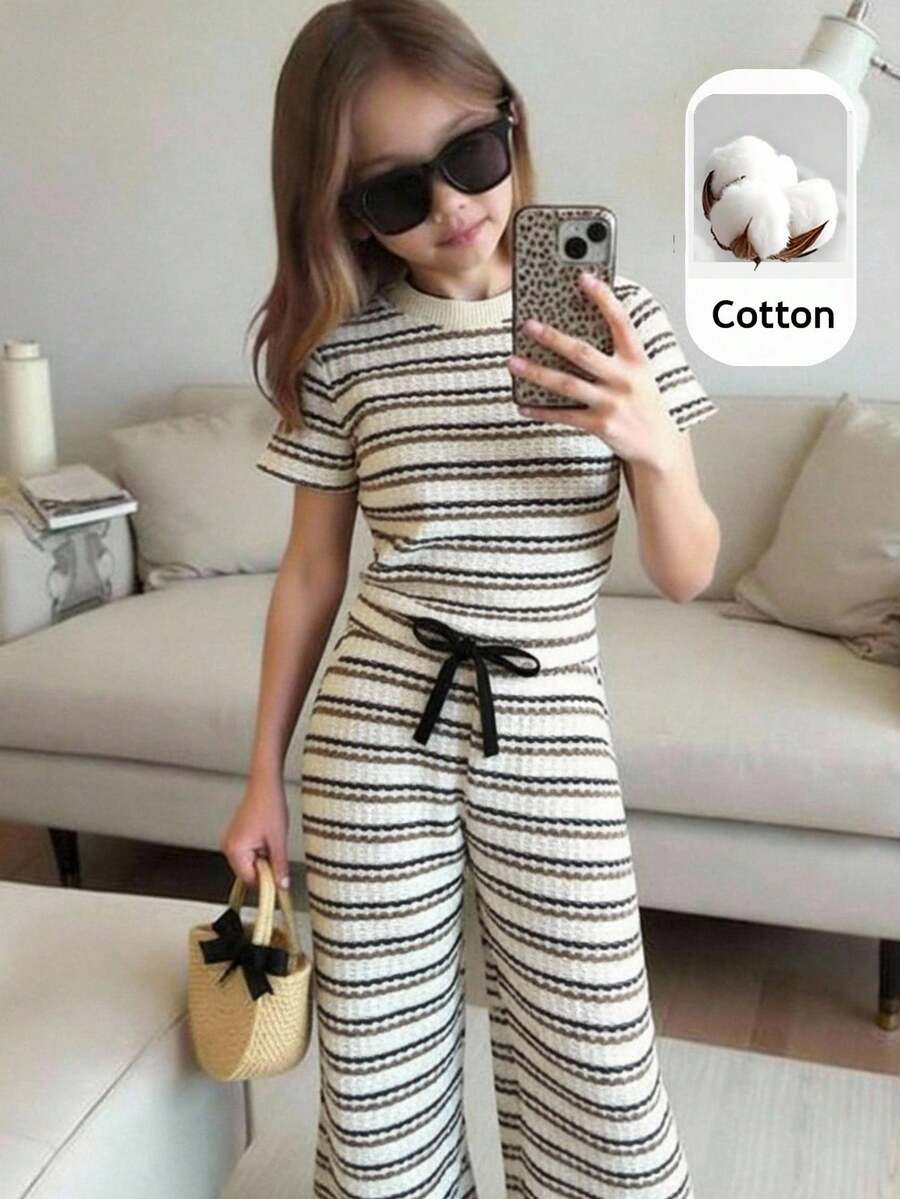 Bộ 2 món gồm áo thun cổ tròn kẻ sọc và quần ôm dáng cho bé gái, trang phục trẻ em. - Nhiều màu - Xem 1