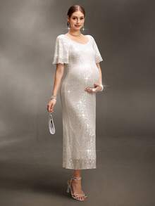 Cheriluna Maternity 孕妇写真礼服，荷叶边袖，心形领，收腰设计，鱼尾裙摆，亮片装饰长裙 - 銀色 - 查看 6