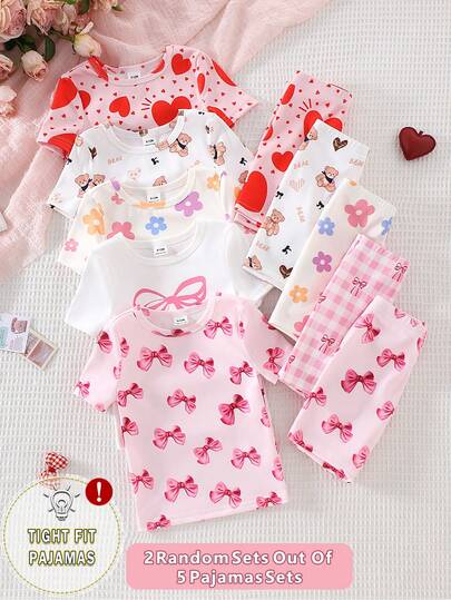 [5-Set Random Delivery 2-Set] Baby Girls' Short Sleeve Pajama Set, Summer Thin Knit Fabric, Heart, Flower, Bow, Bear Print, Comfortable Tight Fit Round Neck Tee And Shorts Sleepwear Set