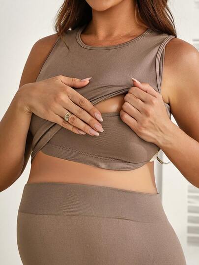 SHEIN Áo tank top thể thao cho bà bầu, màu trơn, dáng ngắn, thích hợp cho việc cho con bú.