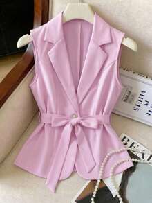 Elenzga Sleeveless Elegant Romantic Delicate Women's Thin Blazer - Pink - View 7