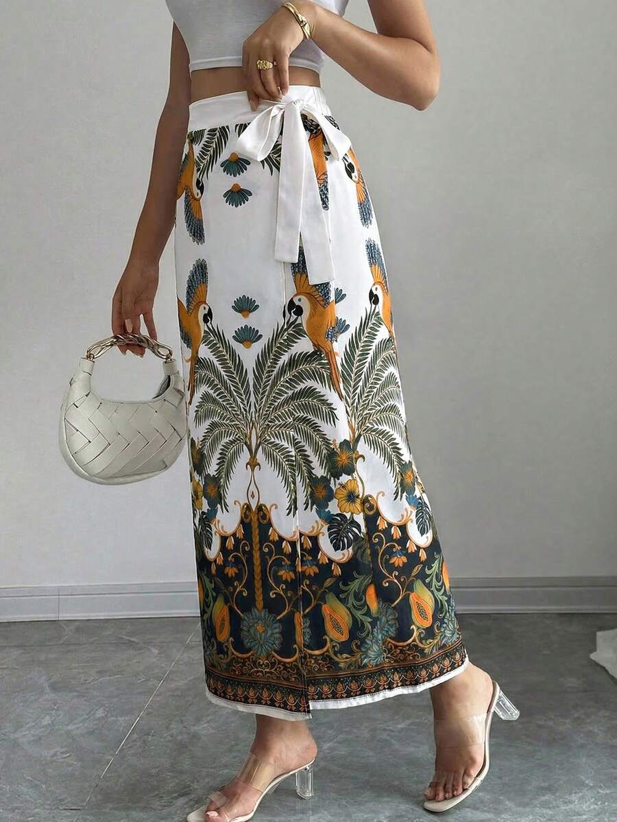 Selianne 女士极简印花蝴蝶结腰带半身裙 - 彩色 - 查看 1