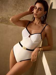 MOTF PREMIUM SUMMER BEACH FASHION CONTRAST TRIM ONE-PIECE SWIMSUIT WITH BELT - White - View 1