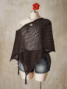 SHEIN ICON Blusa holgada de punto con hombro asimétrico, transparente y con flecos, para mujer de talla grande y unicolor - Marrón - Ver 5