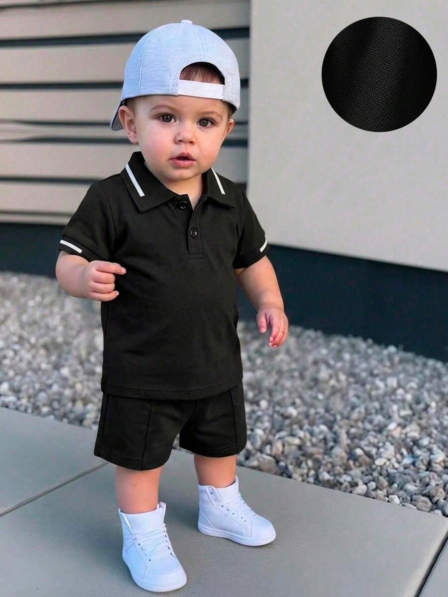 Bộ áo polo và quần short màu xanh lá cây tối giản cho bé trai, thích hợp cho các buổi đi chơi, mặc thường ngày và dự tiệc. - màu đen - Xem 1