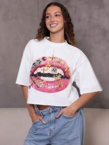 juhmazzocco Women's Fall Streetwear Daily Wear Vintage Y2K Going Out Hip-Hop Casual Oversized  Crop  Lips Graphic Tee - White - View 2