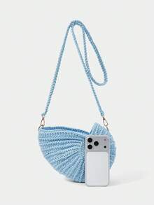 SHECARRY Bolsa de Ombro Decotada para Mulheres, 1 Peça Bolsa Transversal Tecida para Férias de Verão, Bolsa de Praia Casual de Grande Capacidade - Azul bebê - Visão 4