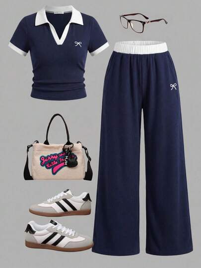 Tween Girls T-Shirt Co-Ords, Spring/Summer Fashion Bow Embroidered Ribbed Knit Navy & White Contrast Casual Fitted T-Shirt & Contrast Waistband Loose Pocket Pants Set, Sporty Streetwear, Athleisure, Back To School, Soccer, Outdoor Comfort