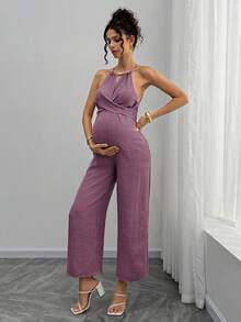 Momance Bộ áo liền quần bà bầu đính hạt gỗ, kiểu cổ yếm, buộc nơ phía trước. - Bụi tím - Xem 1