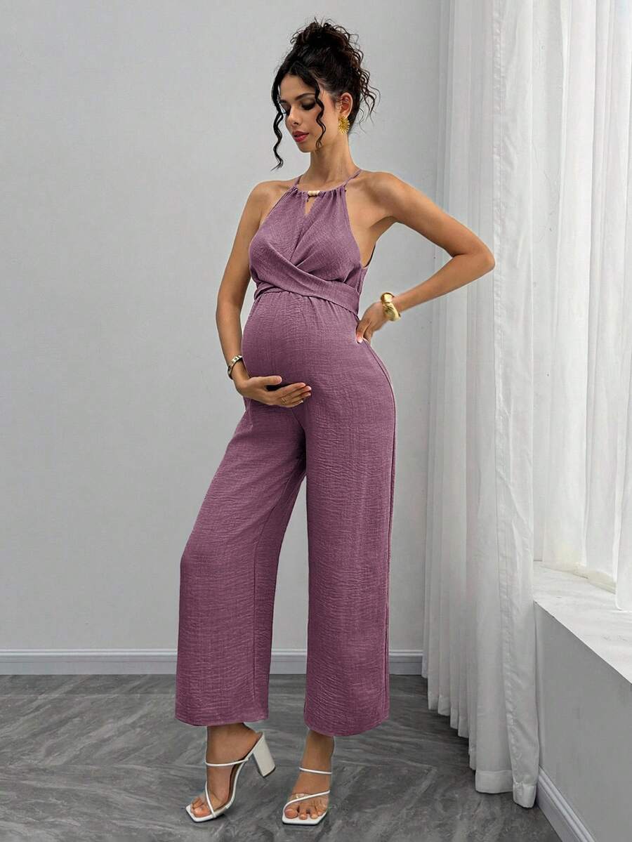 Momance Bộ áo liền quần bà bầu đính hạt gỗ, kiểu cổ yếm, buộc nơ phía trước. - Bụi tím - Xem 1