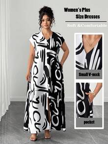 Vestido Largo Talla Grande Cuello V Manga Corta Estampado Contraste  Perfecto para Citas y Fiestas Casuales - Blanco y Negro - Ver 2