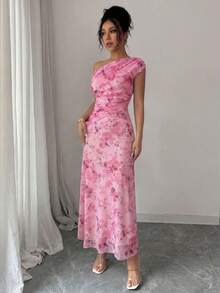 Modelyn 花卉蝴蝶印花网纱不对称荷叶边浪漫夏季优雅中长连衣裙 - 粉色 - 查看 3