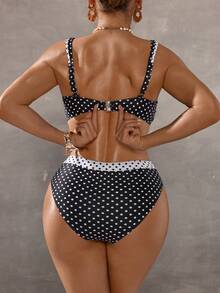 Swim DD+ Women's White With Black Polka Dots Bikini Set,Summer 90s Spaghetti Strap Push Up Bathing Suits For Beach Party,Holiday Vacation Contrast Swimsuits - Khaki - View 2