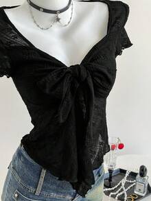 SHEIN Unity Women's Black Textured Mesh Bow Tie-Up V Neck Short Sleeve Sexy Tee, Versatile - Black - View 5