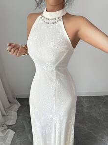 Elenzga Đầm chữ A không tay, ren, thanh lịch, lãng mạn, ôm sát, thích hợp cho các bữa tiệc, họp mặt, du lịch quê, đám cưới. - Màu be - Xem 8