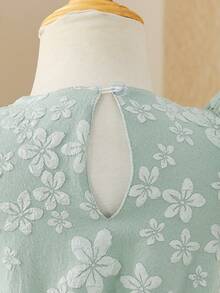 SHEIN Glamorique Kids 女婴优雅绿色提花泡泡袖圆领收腰可爱蓬蓬裙 - 綠色 - 查看 7