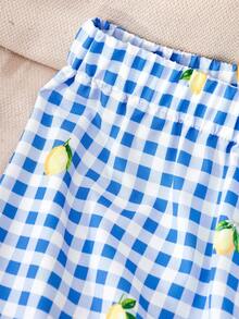 SHEIN Tween Girls T-Shirt Set,Fresh Lemon Print White Short-Sleeve Tee & Blue And White Checkered Wide-Leg Pant,Summer Cute Family Matching 2pcs Outfit - Multicolor - View 5
