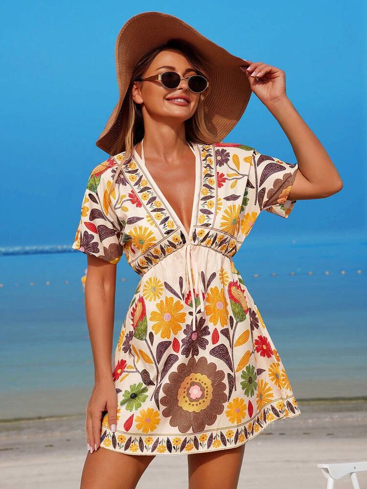 Swim Vcay Women's V-Neck Floral Print Waist Cinched Short Sleeve Casual Beach Vacation Dress With Cover-Up Zanzea Dress Zanzea Dress For Woman Women Dress Yeloow Dress - Yellow - View 6