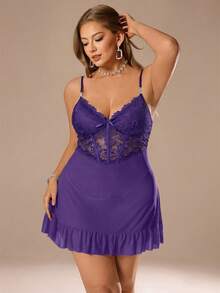 Auralis Plus Size Lace Patchwork Slip Dress & Bell Sleeve See-Through Robe Set, Waist Cinched Design - Purple - View 3