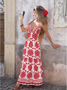 Breezaya Đầm maxi xếp tầng họa tiết hoa đỏ trắng, cổ chữ V và dây buộc chéo phía sau, kiểu dáng nghỉ dưỡng. - Đỏ - Xem 4