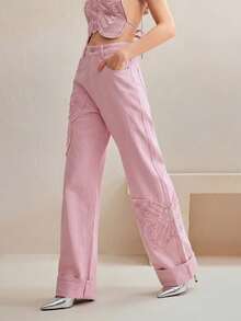 Anewsta Fashionable Embroidered Straight-Leg Jeans For Women - Pink - View 2
