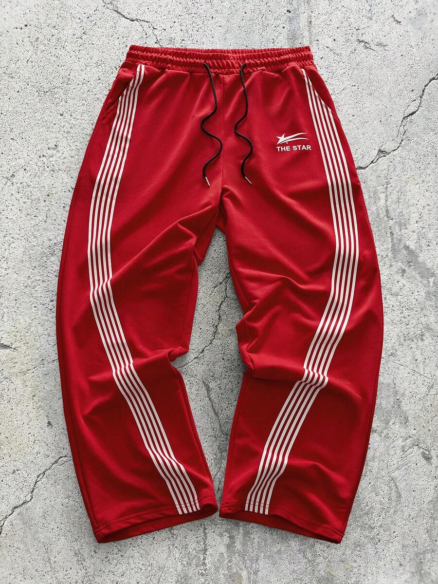 Men's Loose Slogan Graphic Drawstring Waist Sweatpants, For Rave,Sports Pants,Summer Pants - Red - View 1