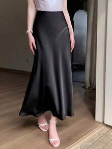 DAZY Women's Solid Color Casual Long Skirt - Black - View 1