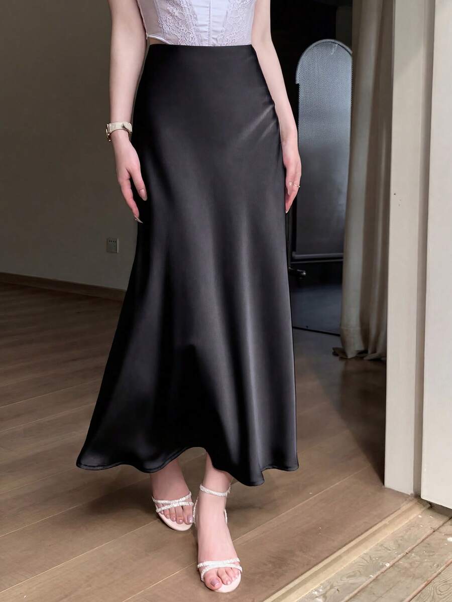 DAZY Women's Solid Color Casual Long Skirt - Black - View 1