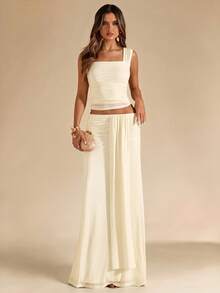 SHEIN BAE 杏色褶皱抹胸上衣和低腰褶皱飘逸长裙两件套，沙滩度假装，夏季波西米亚风露背连衣裙，女士演唱会服装，伴娘两件套迷你连衣裙 - 杏色 - 查看 1