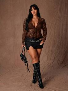 Rustia Plus Size Sexy Lace Hollow Lace-Up Waist Slim Fit Blouse - Brown - View 6