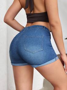 Flexra Quần short denim nữ dáng ôm, co giãn, có túi xéo, kiểu dáng thường ngày, thích hợp cho mùa hè. - Rửa trung bình - Xem 2