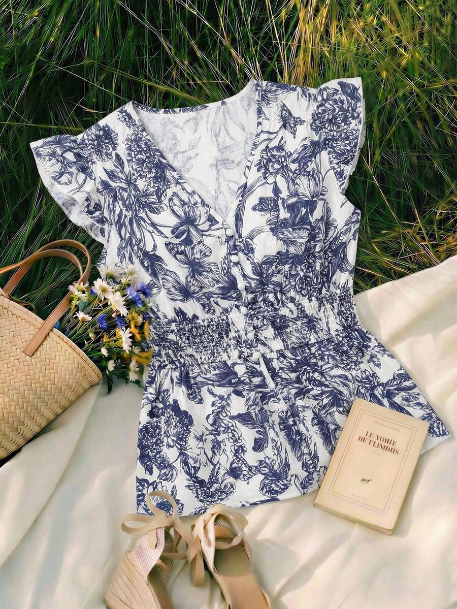 Franclia Blue & White Floral Print V-Neck Ruffle Short Cap Sleeve Women Blouse - Blue - View 1