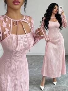 Modelyn 女士优雅长裙，饰有3D蝴蝶花卉图案，A字收腰设计，适合派对、宴会、聚会等场合。 - 粉色 - 查看 2