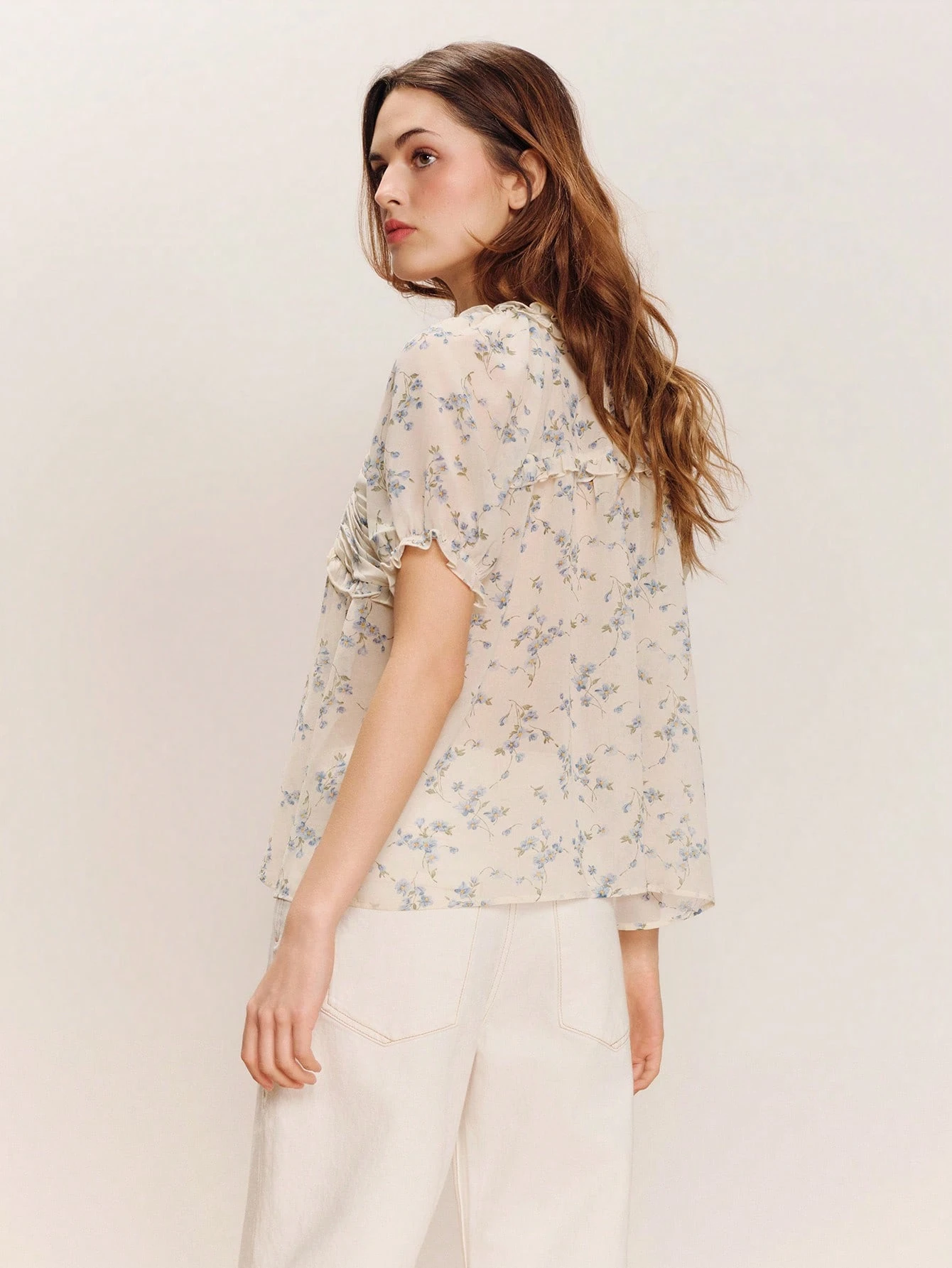 Vintage Romantic Cream Ruffled Button Front Blouse With Blue Floral Print And Lace Details Cute Top Spring Summer French Style Parisian Style Vintage Top Going Out Summer Flower Top Flowy Top French Style Women's Top Elegant Chiffon Blouse New Arrival Women Floral Blouse Spring Summer Floral Top Fleurora Floral Summer Top
