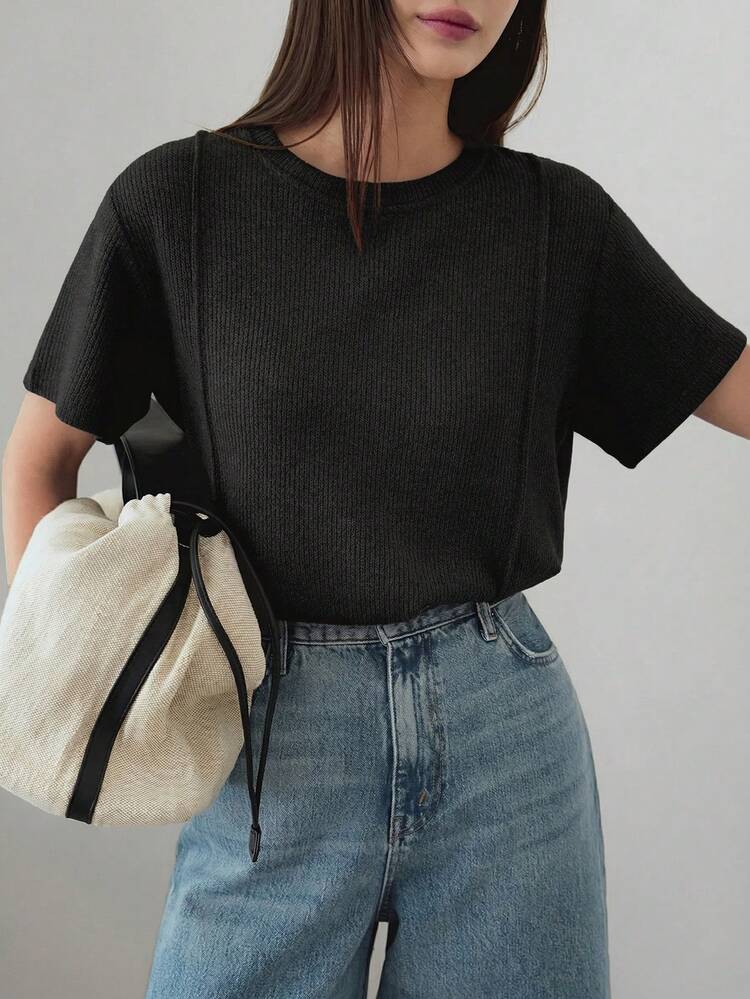 Women's Textured Black Casual/Business Loose Fit Short Sleeve T-Shirt, Suitable For Spring And Summer, Fashionable For Office And Street Wear