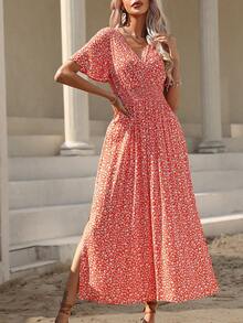 Wandoria 女士碎花V领荷叶袖侧开衩休闲度假连衣裙 女士夏季连衣裙 女士夏季套装 裹身裙 女士度假套装 女士连衣裙 女士节日连衣裙 - 橘色 - 查看 5