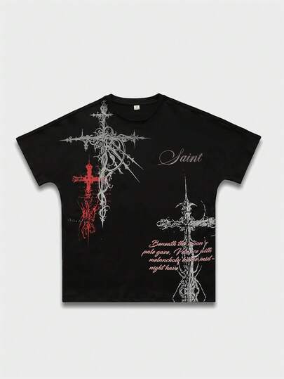 ROMWE MEN Street Life 青少年男童圆领字母十字印花休闲百搭日常短袖T恤