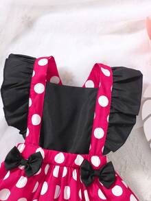 SHEIN Playful Pals 女嬰可愛粉白波點夏季生日洋裝 玫瑰紅荷葉袖吊帶蝴蝶結裝飾 優雅派對穿搭 旅行適用 - 玫紅色 - 查看 3