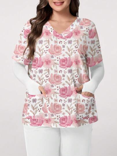 PopScrub Shiny Rose Floral Print V-Neck Short Sleeve Pocket Ear Loop Split Design Plus Size Scrub Top, Spring/Summer Nurse Uniform, Floral Pattern White Blouse