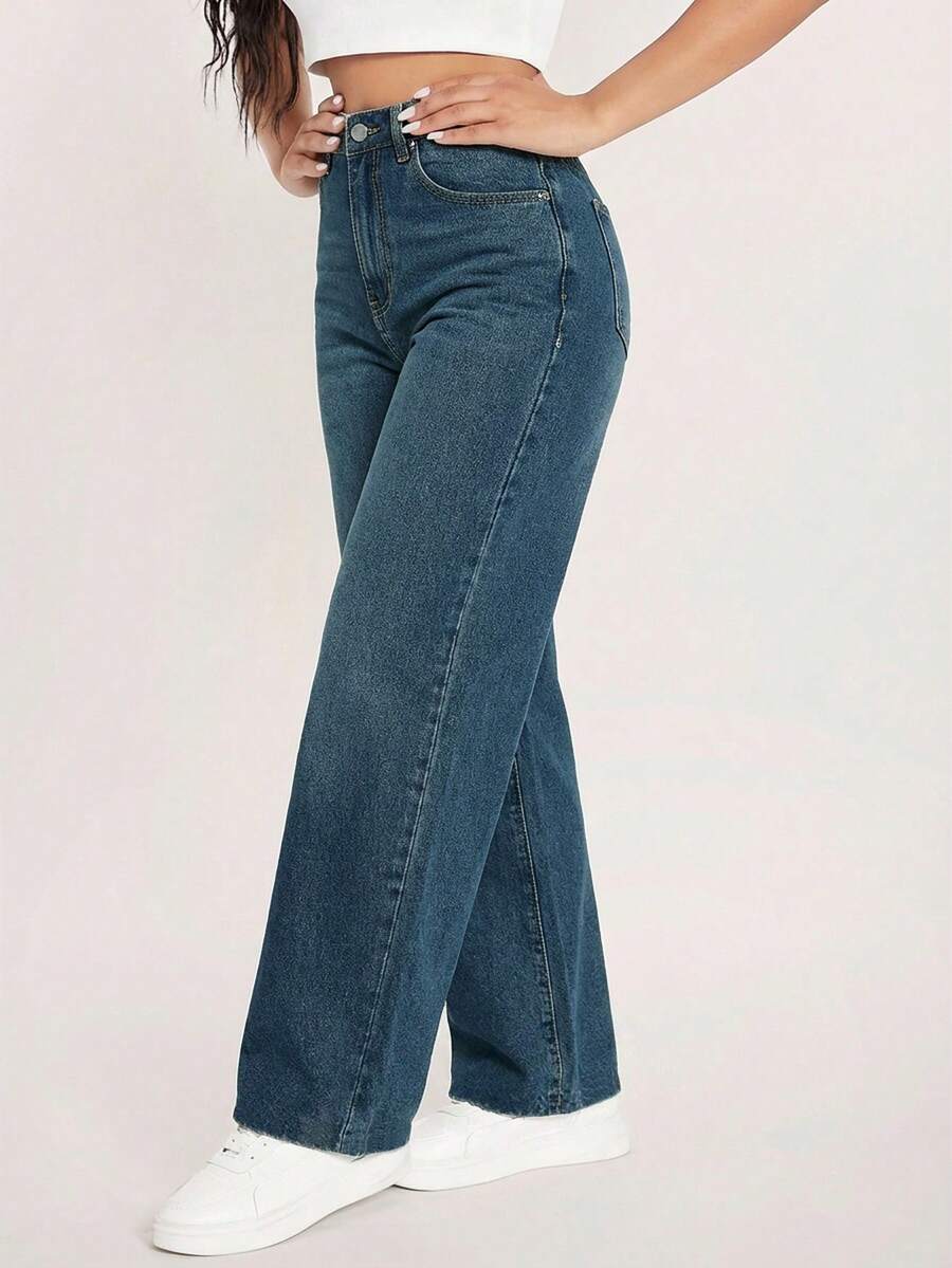 SHEIN PETITE Quần jeans ống đứng thời trang thường ngày dành cho nữ, thích hợp mặc đi làm. - Màu xanh lam - Xem 1