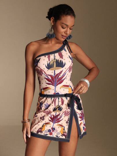 Swim Oasis 女士热带花鸟印花连体泳衣，带裙摆，休闲挂脖式沙滩度假装