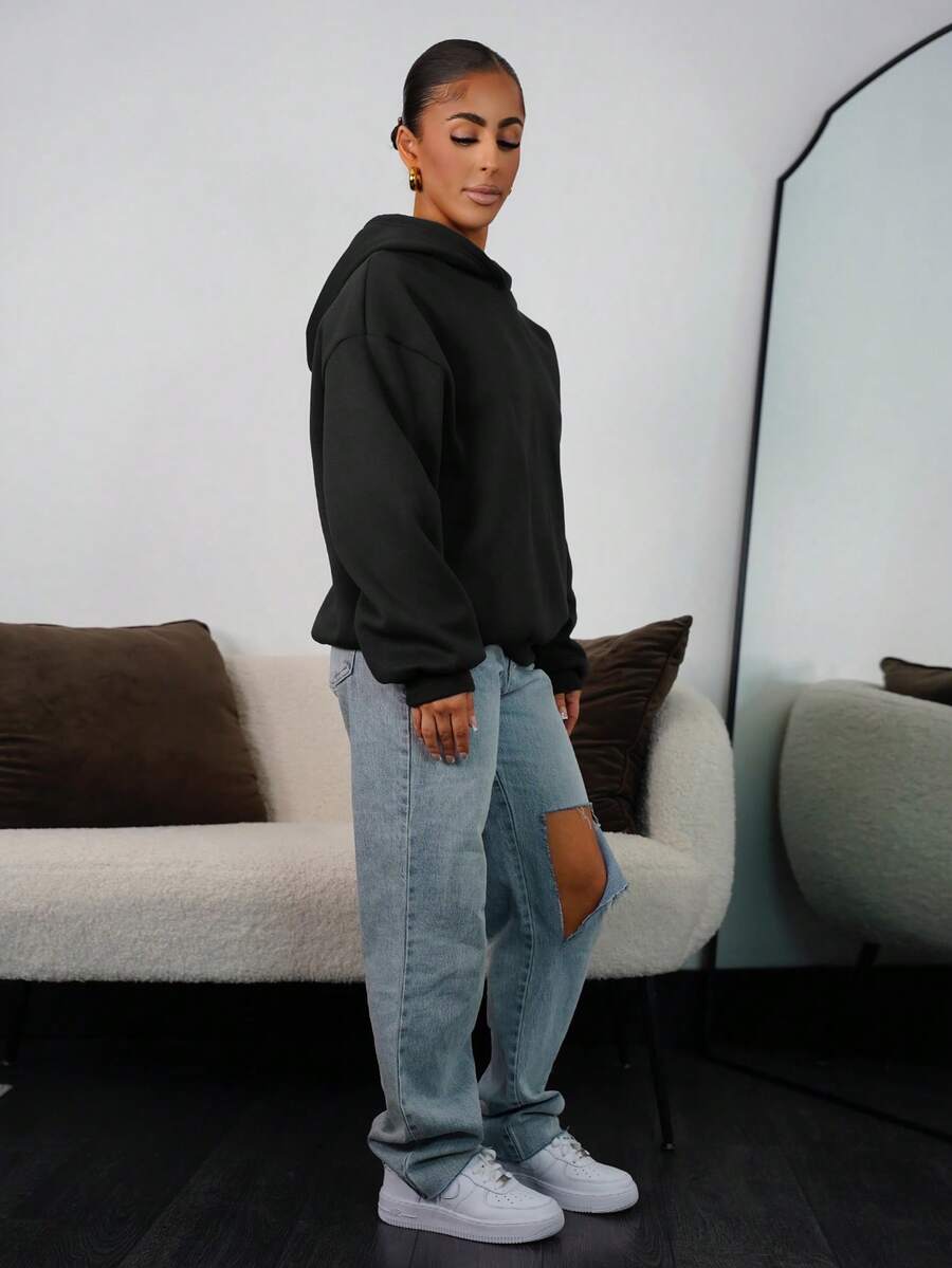 SAYEHFBABY 女式休闲简约印花连帽长袖宽松厚款运动衫，春秋季 - 黑色 - 查看 1