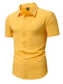 Calvornis Men's Casual Simple Solid Color Front Button Short Sleeve Shirt, Summer, Formal, Ceremony - Yellow - View 6