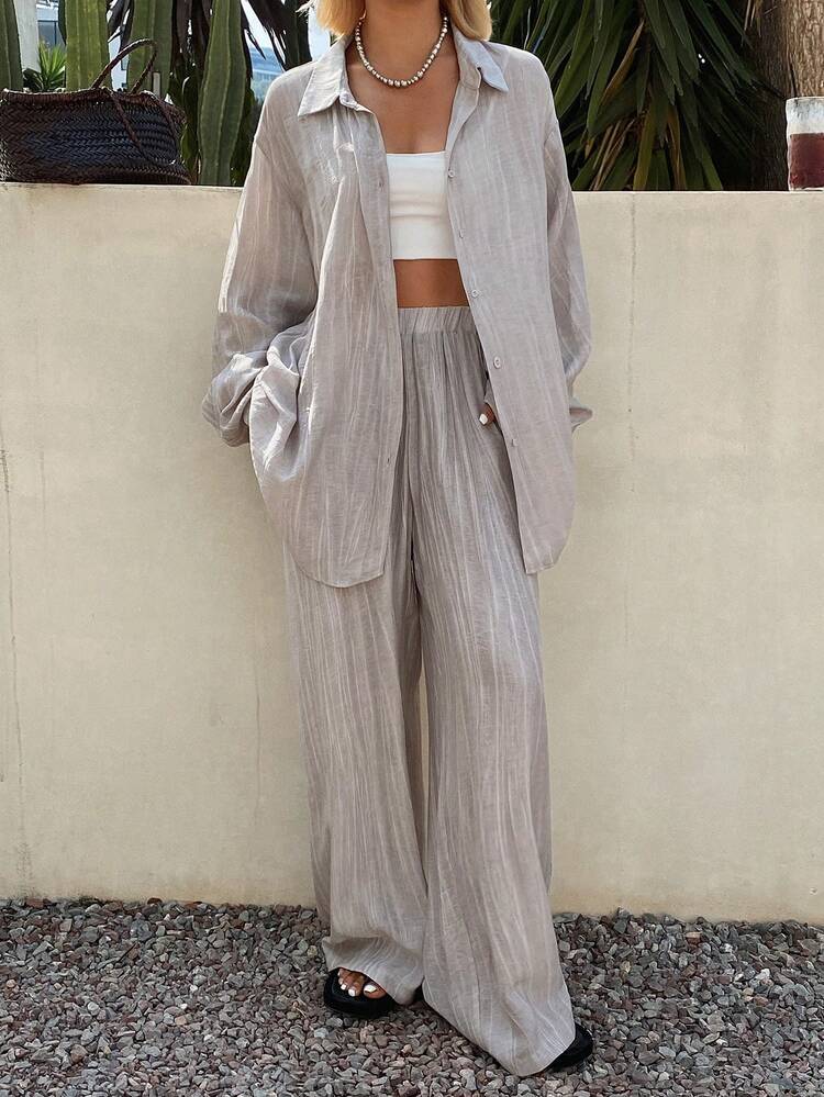 Women's Solid Color Front Button Long Sleeve Top And Elastic Waist Long Pants Casual 2 Pieces Set Summer