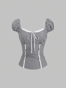 Sweetra Women's New Spring/Summer Classic Black And White Checkered Plaid Contrast Sweet Retro Square Collar Lace-Up Puff Sleeve Shirt, Elegant Cute Picnic - Black and White - View 1