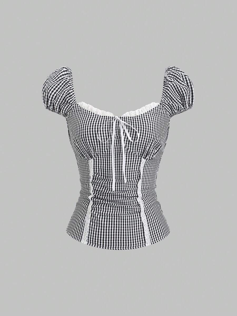 Sweetra Women's New Spring/Summer Classic Black And White Checkered Plaid Contrast Sweet Retro Square Collar Lace-Up Puff Sleeve Shirt, Elegant Cute Picnic - Black and White - View 1