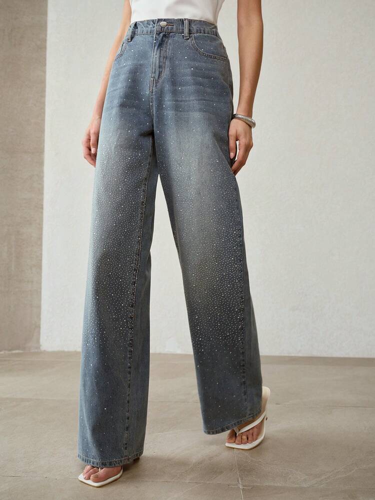NEW SUMMER HIGH WAIST WIDE LEG RHINESTONE EMBELLISHED BLUE JEANS