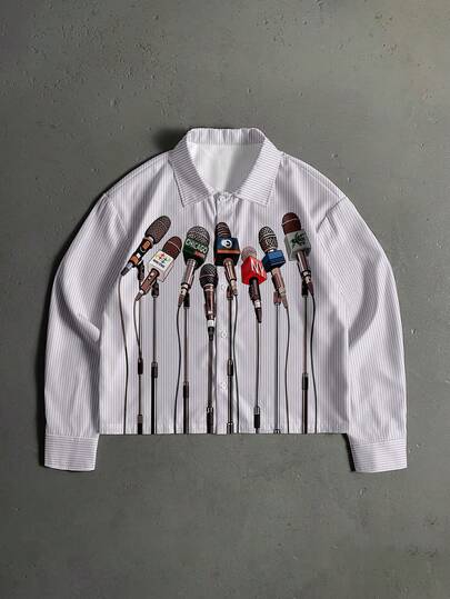 StoneGrade Camisa casual de manga larga con botones, estampado de rayas y micrófono para hombres