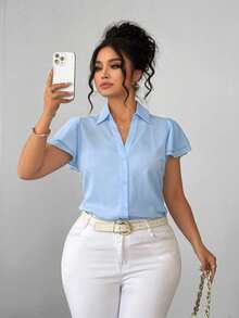 Elenzga Plus Size Women Elegant Minimalist Lace Patchwork Turndown Collar Blouse, Suitable For Commuting, Daily Wear, Dating, Party - Blue - View 7