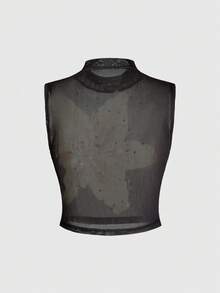 ROMWE Top corto ajustado con cuello alto, de malla transparente y estampado de lirios para mujeres - Negro - Ver 6